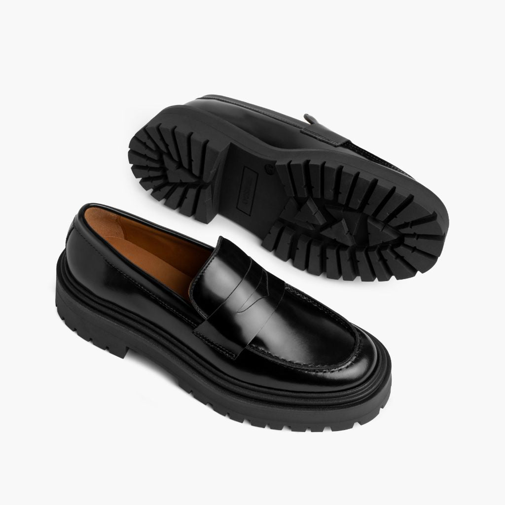 High-Traction Rubber Outsole & Lug Tread Pattern on Penny Platform Sort Læderloafers til Damer