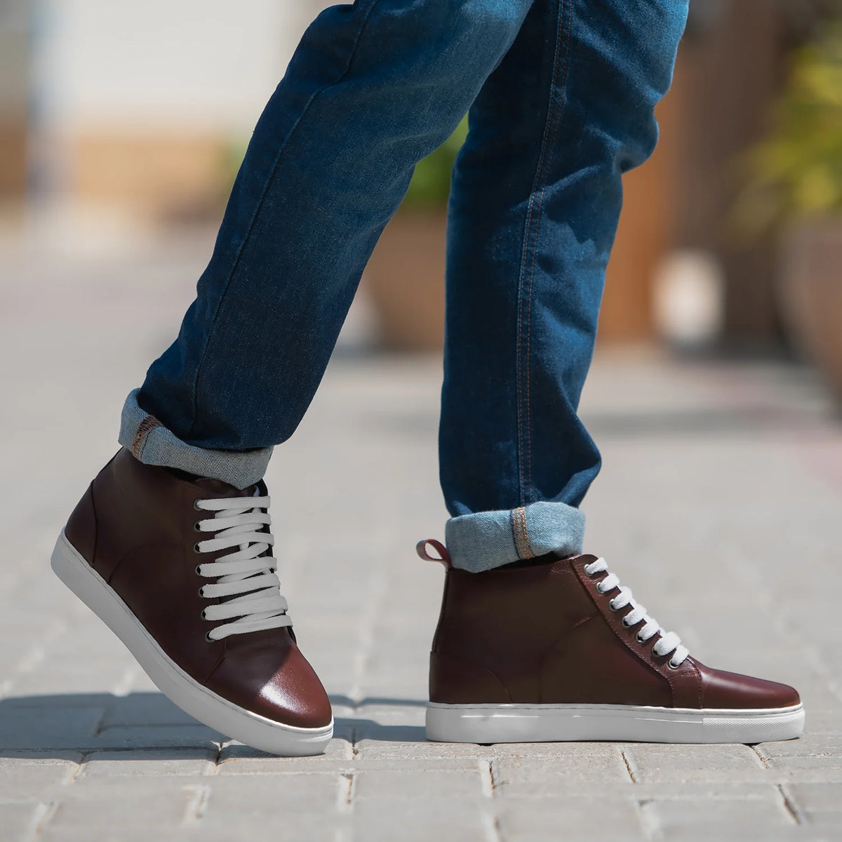 Marty High Top Kastanjebrun Lædersneakers til Mænd - Forstærket hælkappe og præcise dobbeltsyninger