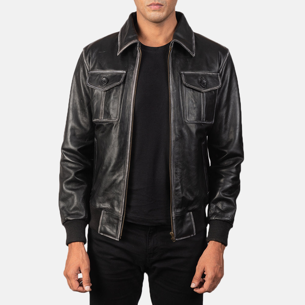 Men's Aaron Distressed Black Leather Bomber Jacket in Black Cowhide Leather - Front Profile View &amp; Tailored Silhouette | Buy Online