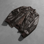 Styled Fit Perspective of Men's Aaron Distressed Brown Leather Bomber Jacket on Model - Natural Daylight Drape
