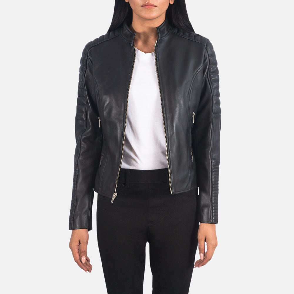 Women's Adalyn Quilted Sort Læder Bikerjakke til Kvinder in Black Sheepskin Leather - Front Profile View &amp; Tailored Silhouette | Buy Online