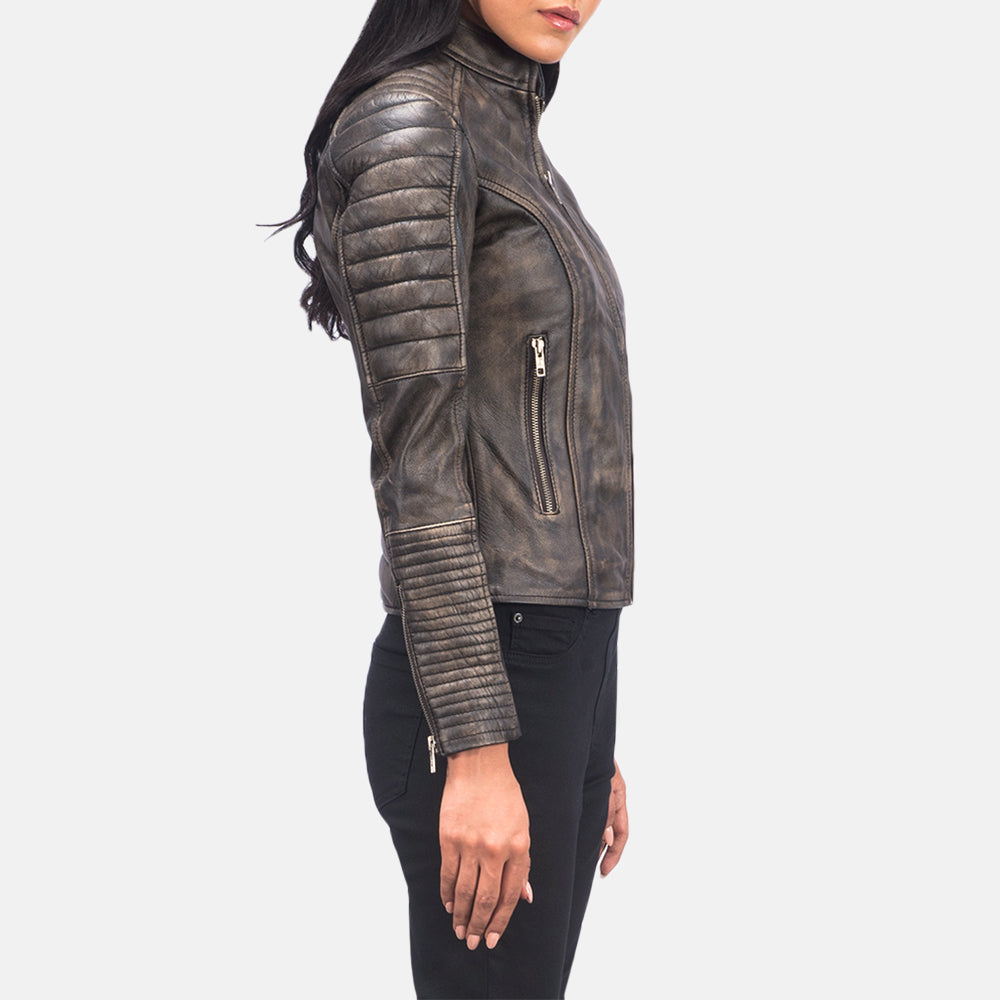 Distressed Brown Goatskin Leather Biker Jacket - Back View Showing Tailored Shoulder Fit &amp; Clean Hemline