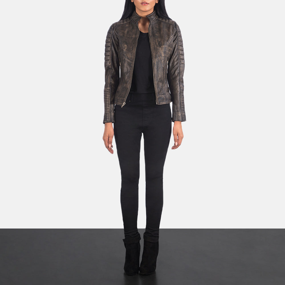 Women's Adalyn Quilted Distressed Brun Læder Bikerjakke til Kvinder - Lateral Side Profile View Showing Sleeve Cut &amp; Athletic Taper Fit