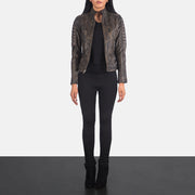 Women's Adalyn Quilted Distressed Brun Læder Bikerjakke til Kvinder - Lateral Side Profile View Showing Sleeve Cut &amp; Athletic Taper Fit