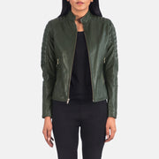 Women's Adalyn Quilted Green Læder Bikerjakke til Kvinder in Green Sheepskin Leather - Front Profile View &amp; Tailored Silhouette | Buy Online