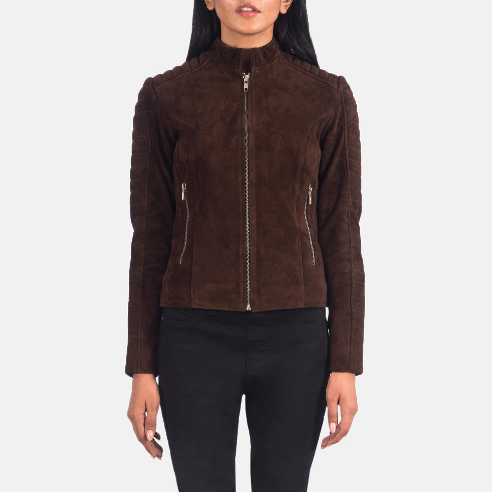 Women's Adalyn Quilted Mocha Suede Læder Bikerjakke til Kvinder in Mocha Brown Goatskin Suede - Front Profile View &amp; Tailored Silhouette | Buy Online