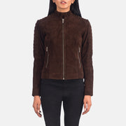 Women's Adalyn Quilted Mocha Suede Læder Bikerjakke til Kvinder in Mocha Brown Goatskin Suede - Front Profile View &amp; Tailored Silhouette | Buy Online