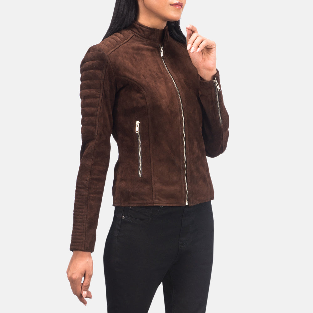 Women's Adalyn Quilted Mocha Suede Læder Bikerjakke til Kvinder - Lateral Side Profile View Showing Sleeve Cut &amp; Athletic Taper Fit