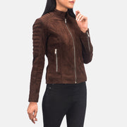 Women's Adalyn Quilted Mocha Suede Læder Bikerjakke til Kvinder - Lateral Side Profile View Showing Sleeve Cut &amp; Athletic Taper Fit
