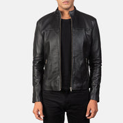 Men's Adornica Sort Læder Bikerjakke til Mænd in Black Sheepskin Leather - Front Profile View &amp; Tailored Silhouette | Buy Online