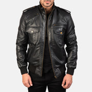 Men's Agent Shadow Sort Læder Bomberjakke til Mænd in Black Sheepskin Leather - Front Profile View &amp; Tailored Silhouette | Buy Online