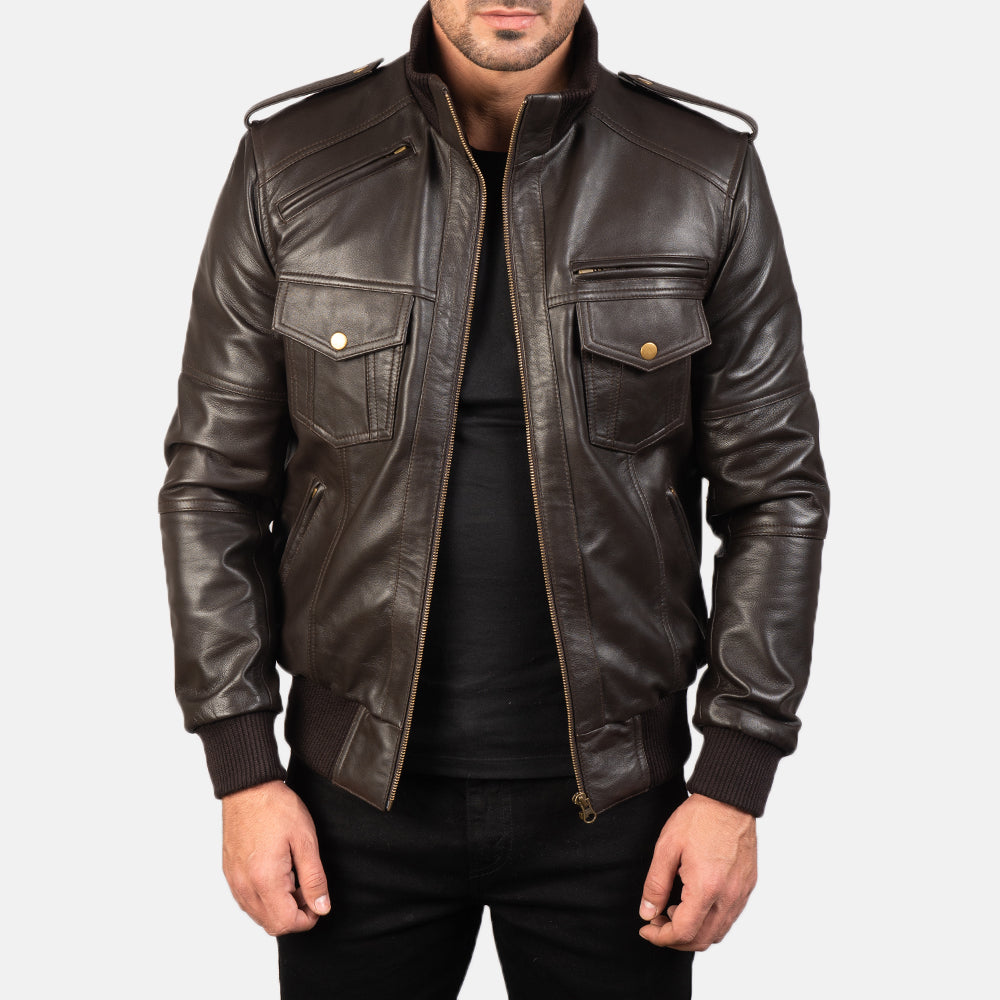 Men's Agent Shadow Brun Læder Bomberjakke til Mænd in Brown Sheepskin Leather - Front Profile View &amp; Tailored Silhouette | Buy Online