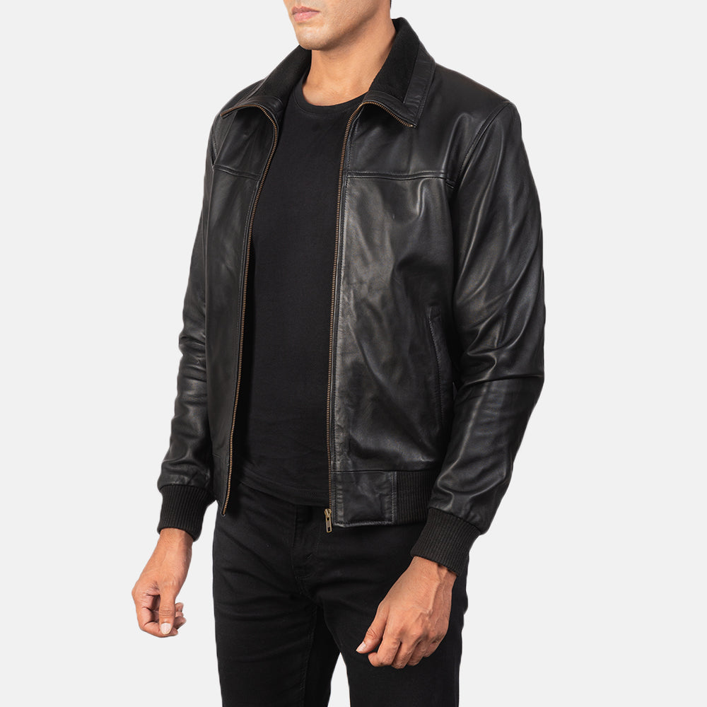 Black Sheepskin Leather Bomber Jacket - Back View Showing Tailored Shoulder Fit &amp; Clean Hemline