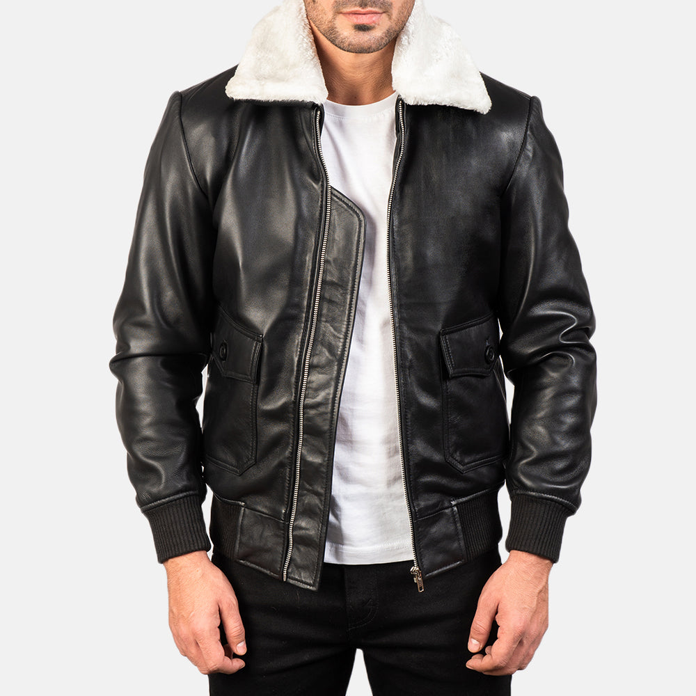 
Airin G-1 Black & White Leather Bomber Jacket in Black Sheepskin Leather - Forfra med skræddersyet silhuet | Køb online