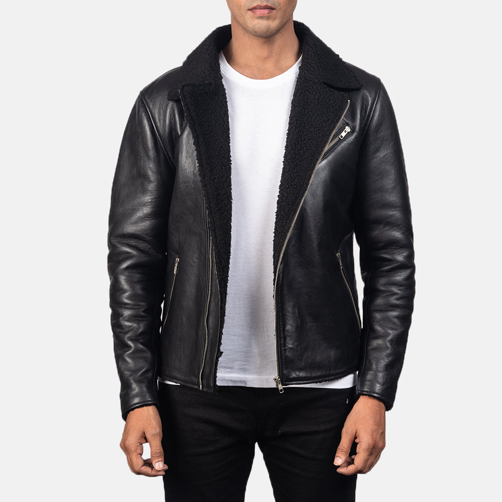 Men's Alberto Shearling Sort Læderjakke til Mænd in Black Sheepskin Leather - Front Profile View &amp; Tailored Silhouette | Buy Online