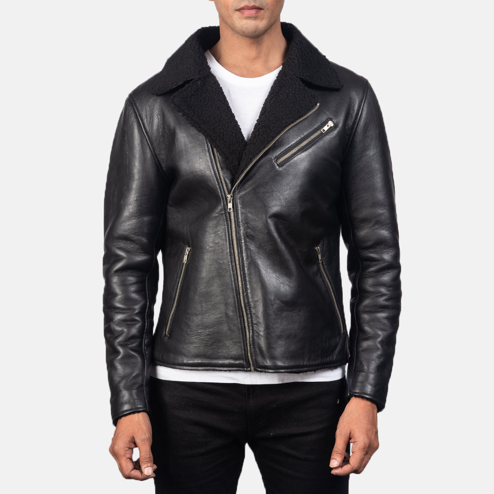 Men's Alberto Shearling Sort Læderjakke til Mænd - Lateral Side Profile View Showing Sleeve Cut &amp; Athletic Taper Fit