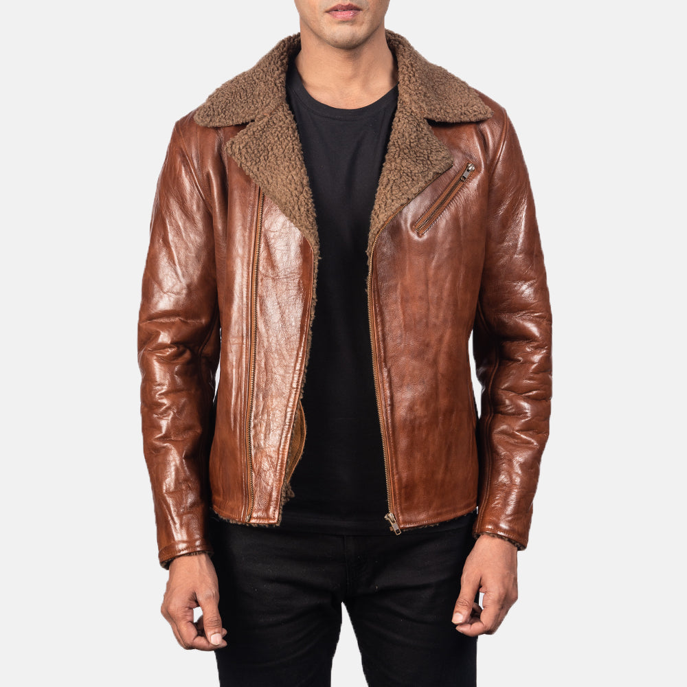 Men's Alberto Shearling Brun Læderjakke til Mænd in Brown Sheepskin Leather - Front Profile View &amp; Tailored Silhouette | Buy Online
