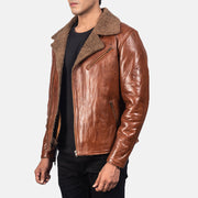Brown Sheepskin Leather Biker Jacket - Back View Showing Tailored Shoulder Fit &amp; Clean Hemline