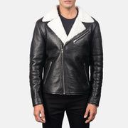 Men's Alberto White Shearling Sort Læderjakke til Mænd - Lateral Side Profile View Showing Sleeve Cut &amp; Athletic Taper Fit