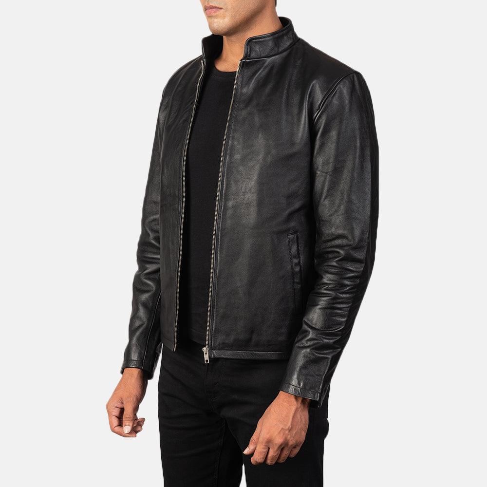 Black Cowhide Leather Biker Jacket - Back View Showing Tailored Shoulder Fit &amp; Clean Hemline
