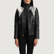 Women's Alia Metallic Sort Læder Bikerjakke til Kvinder in Black Sheepskin Leather - Front Profile View &amp; Tailored Silhouette | Buy Online