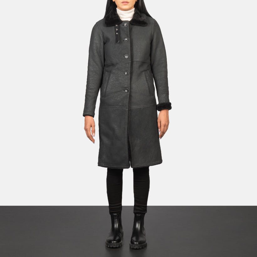 Alina Shearling Sort Leather Coat til Kvinder
