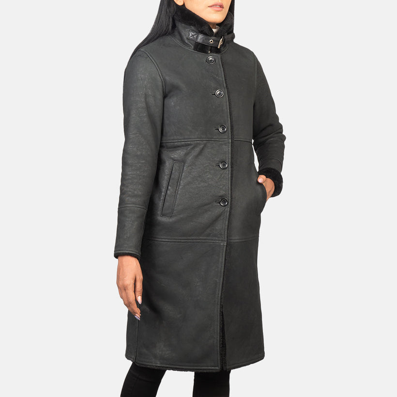 Alina Shearling Sort Leather Coat til Kvinder