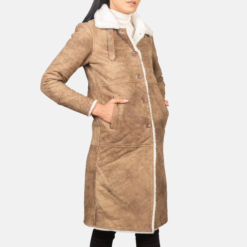 Alina Shearling Brun Leather Coat til Kvinder