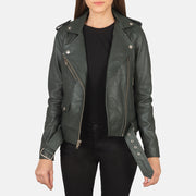 Women's Alison Green Læder Bikerjakke til Kvinder in Green Sheepskin Leather - Front Profile View &amp; Tailored Silhouette | Buy Online