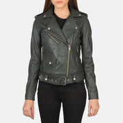 Close-Up Detail of Notch &amp; Zipper Hardware on Women's Alison Green Læder Bikerjakke til Kvinder