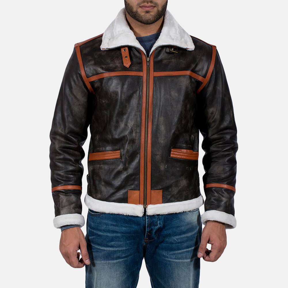 
Alpine Brun Fur Læderjakke til Mænd in Distressed Brown Goatskin Leather - Forfra med skræddersyet silhuet | Køb online