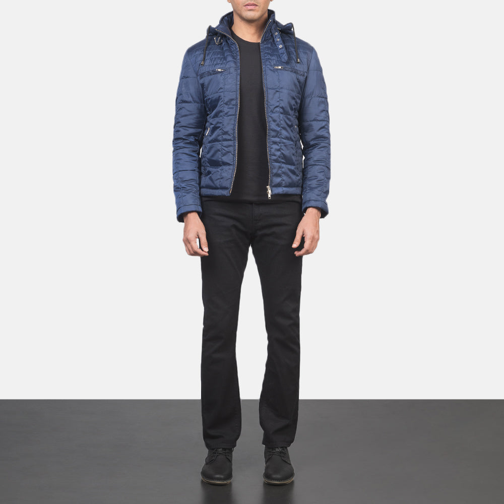
Nærbillede of High neck with Belt & Zipper Hardware on Alps Quilted Blue Windbreaker Jacket