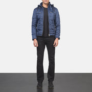 
Nærbillede of High neck with Belt & Zipper Hardware on Alps Quilted Blue Windbreaker Jacket