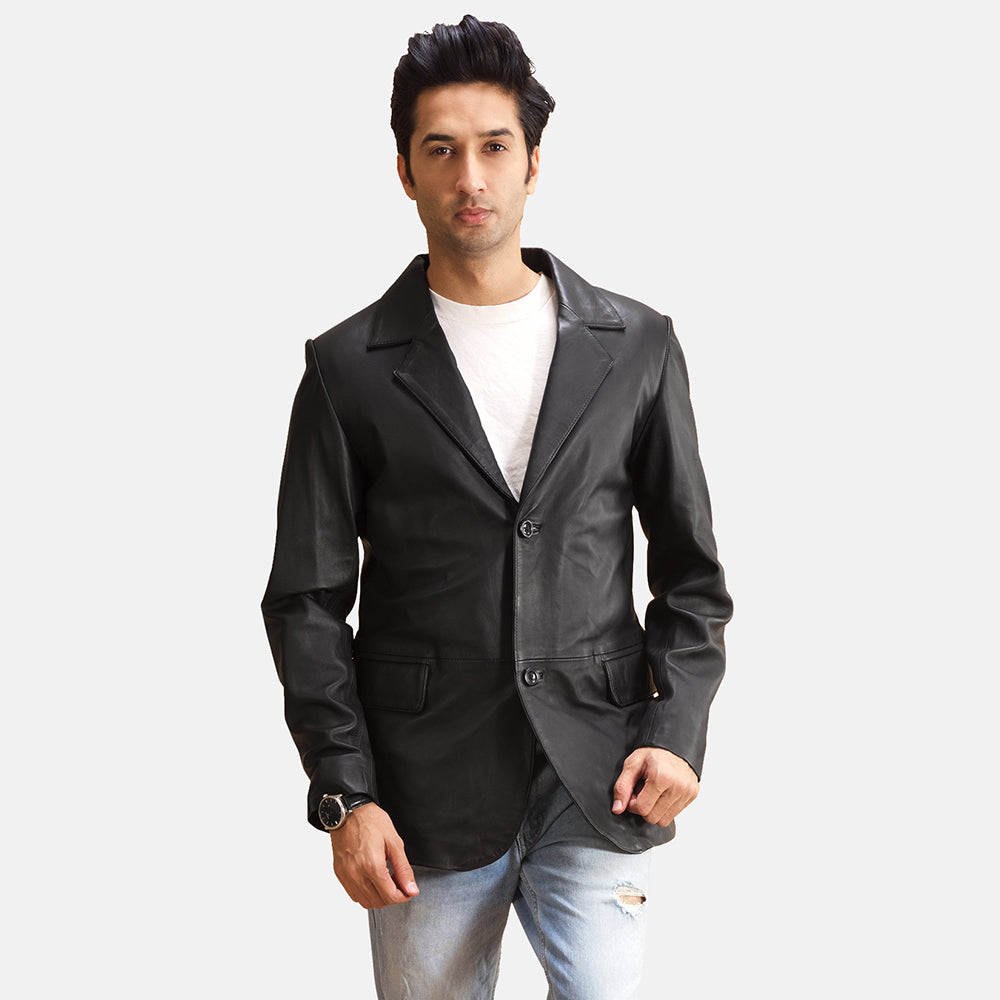 Alyson Sort Leather Blazer til Mænd in Black Sheepskin Leather - Front Profile View &amp; Tailored Silhouette | Buy Online