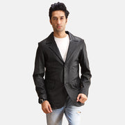 Alyson Sort Leather Blazer til Mænd in Black Sheepskin Leather - Front Profile View &amp; Tailored Silhouette | Buy Online