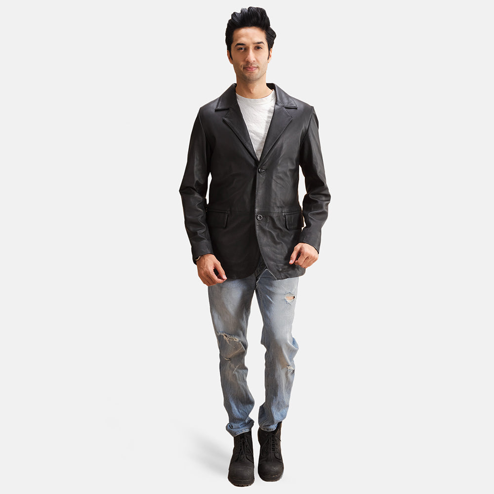 Alyson Sort Leather Blazer til Mænd - Lateral Side Profile View Showing Sleeve Cut &amp; Athletic Taper Fit