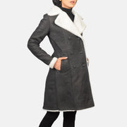 Women's Amie Black Double Breasted Shearling Coat - Lateral Side Profile View Showing Sleeve Cut &amp; Athletic Taper Fit