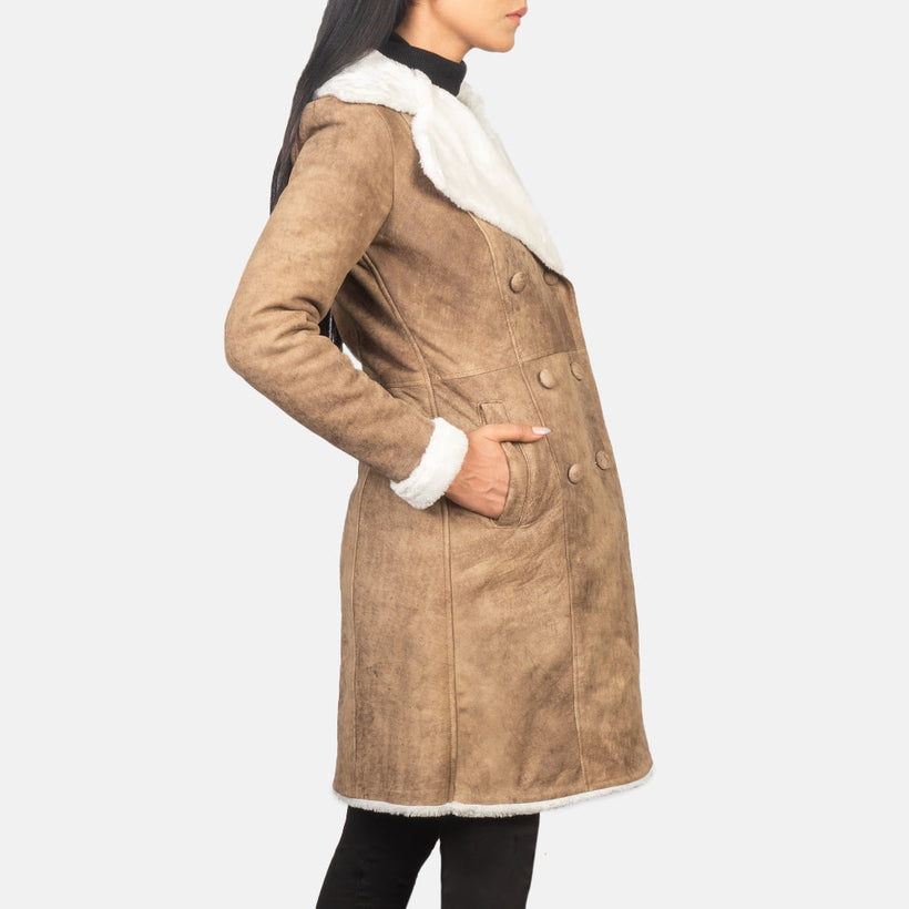 Amie Distressed Brun Double-Breasted Shearling Coat til Kvinder