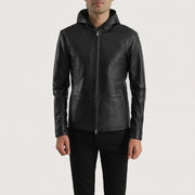 Men's Andy Matte Sort Hooded Læderjakke til Mænd in Matte Black Sheepskin Leather - Front Profile View &amp; Tailored Silhouette | Buy Online