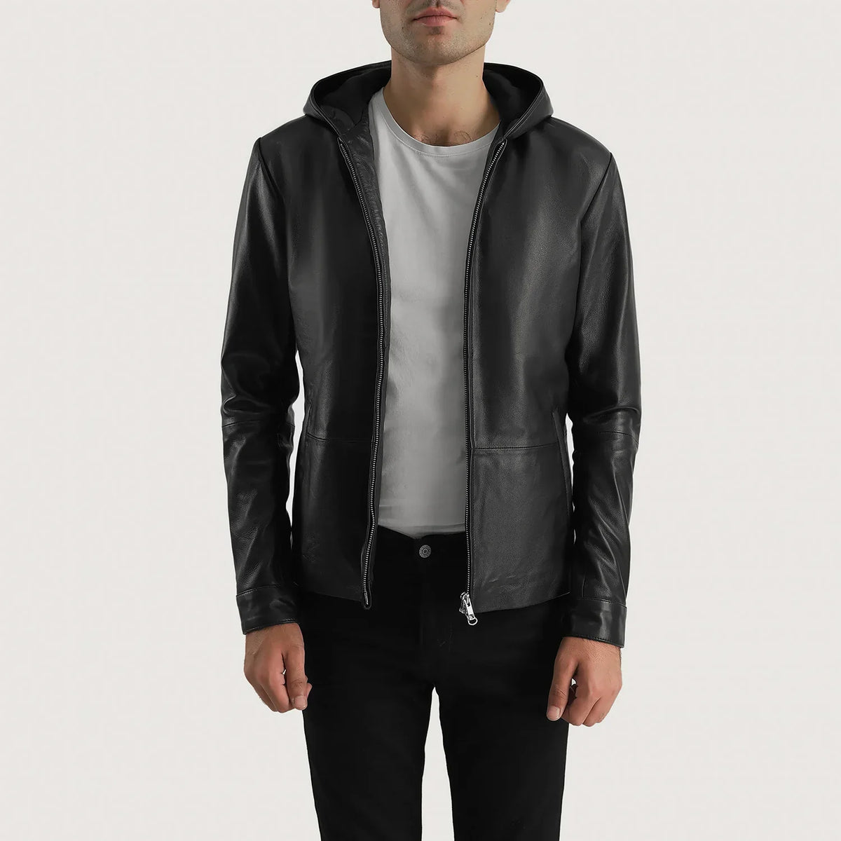 Men's Andy Matte Sort Hooded Læderjakke til Mænd - Lateral Side Profile View Showing Sleeve Cut &amp; Athletic Taper Fit