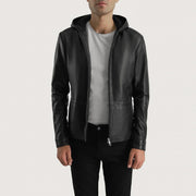Men's Andy Matte Sort Hooded Læderjakke til Mænd - Lateral Side Profile View Showing Sleeve Cut &amp; Athletic Taper Fit