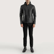 Close-Up Detail of Hooded &amp; Zipper Hardware on Men's Andy Matte Sort Hooded Læderjakke til Mænd
