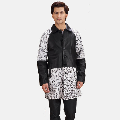Men's Artistry Black Dye Leather Coat in Black & White Sheepskin Dip &Amp; Dye - Front Profile View & Tailored Silhouette | Buy Online