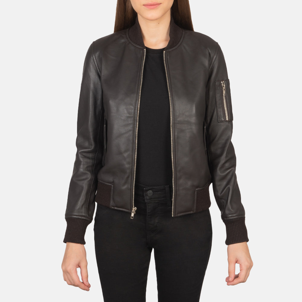 Women's Ava Ma-1 Brown Leather Bomber Jacket in Brown Sheepskin Leather - Front Profile View & Tailored Silhouette | Buy Online