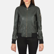 
Nærbillede of Rib Knit & Zipper Hardware on Ava Ma-1 Green Leather Bomber Jacket
