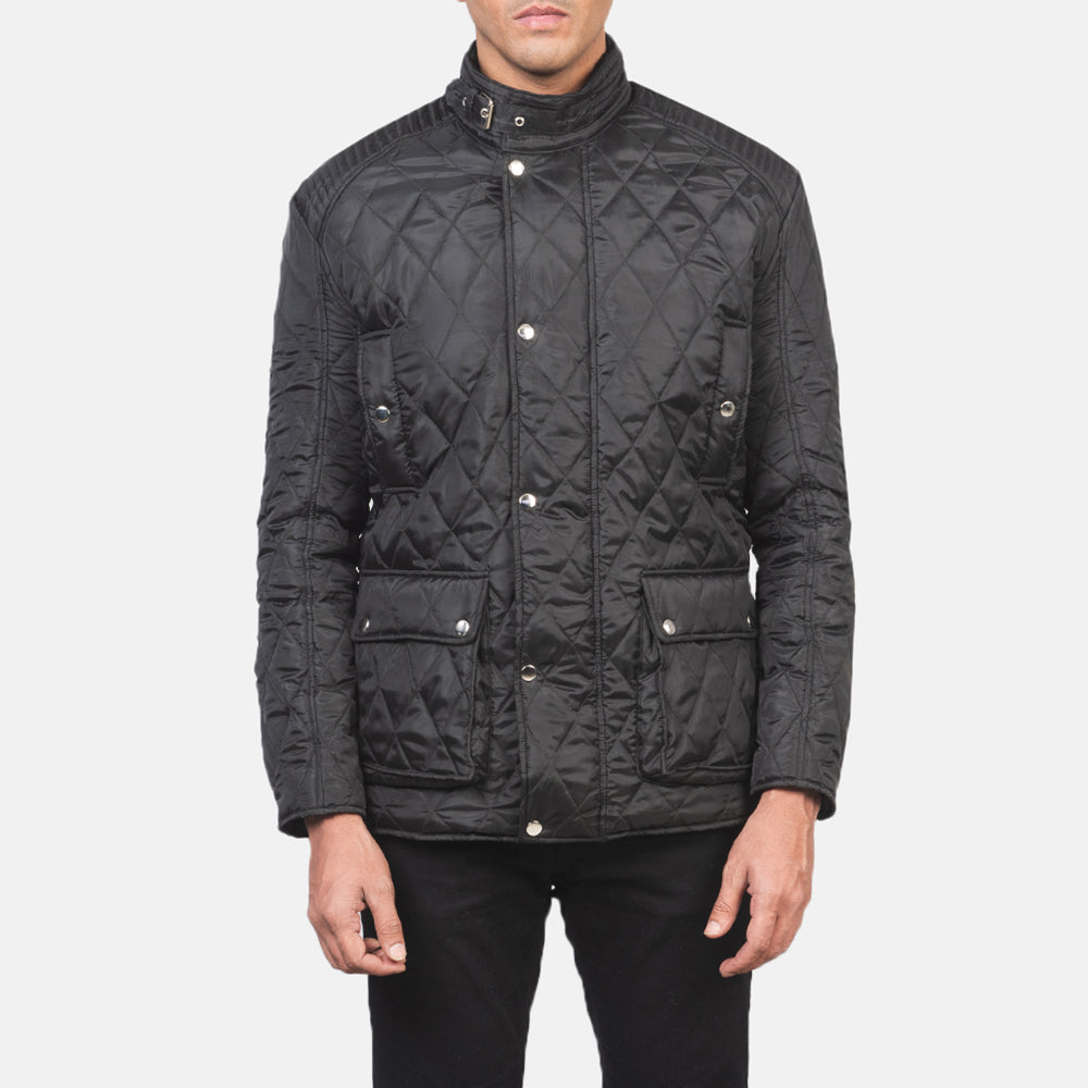 Close-Up Detail of Belted Band &amp; Button Hardware on Men's Barry Quilted Sort Windbreaker Læderjakke til Mænd