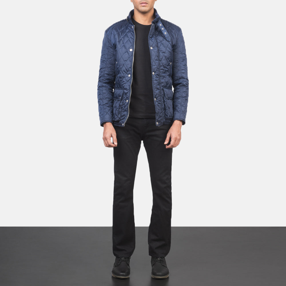 Close-Up Detail of Belted Band & Button Hardware on Men's Barry Quilted Blue Windbreaker Jacket