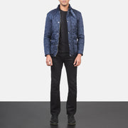 Close-Up Detail of Belted Band & Button Hardware on Men's Barry Quilted Blue Windbreaker Jacket