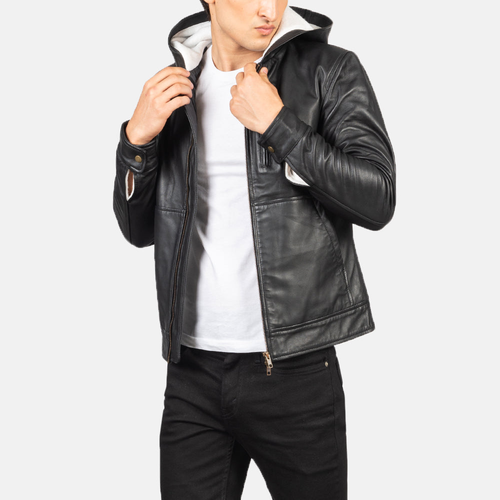 
Baston Black Hooded Leather Bomber Jacket in Black Sheepskin Leather - Forfra med skræddersyet silhuet | Køb online