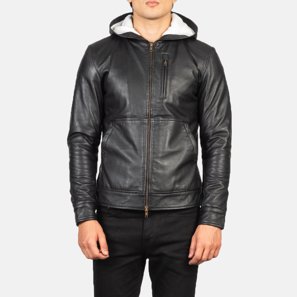 
Nærbillede of Hooded & Zipper Hardware on Baston Black Hooded Leather Bomber Jacket